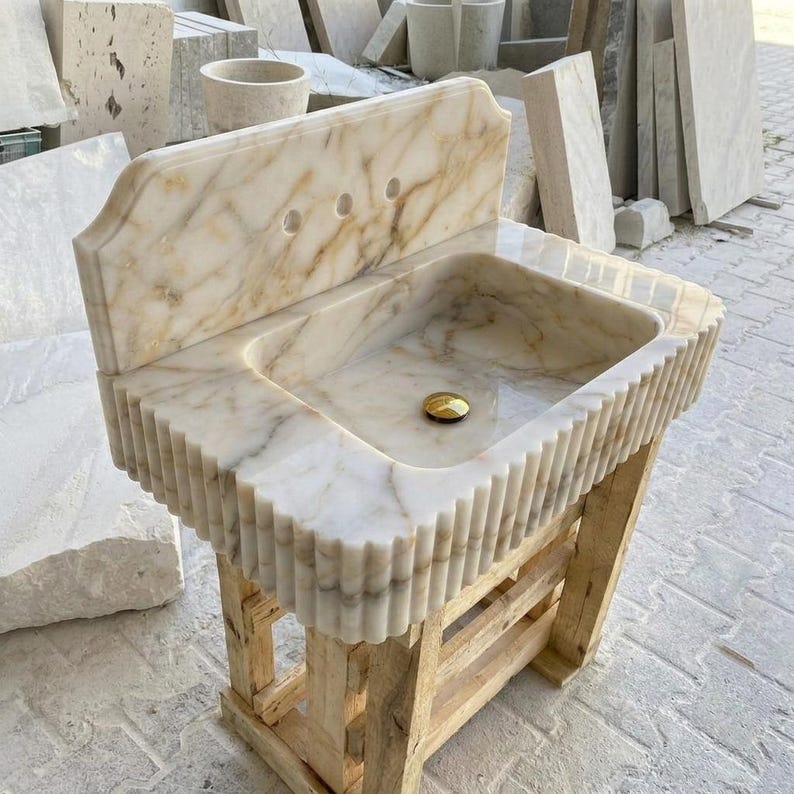 Calacatta Gold Marble square vessel sink — high-angle view (photo 13)