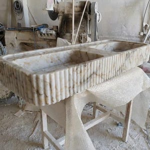 Handcarved Calacatta Gold marble double basin sink by Marblyart, custom made to order — photo 9 of 13