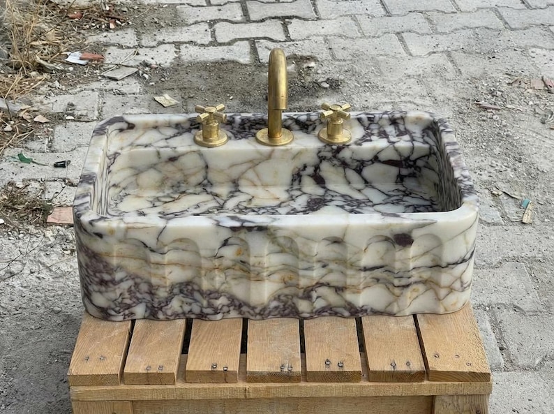 Handcarved Calacatta Viola marble wall mounted sink by Marblyart, custom made to order — photo 8 of 15