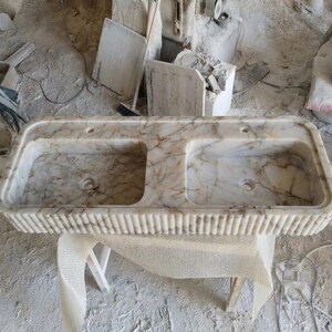 Handcarved Calacatta Gold marble double basin sink by Marblyart, custom made to order — photo 2 of 13