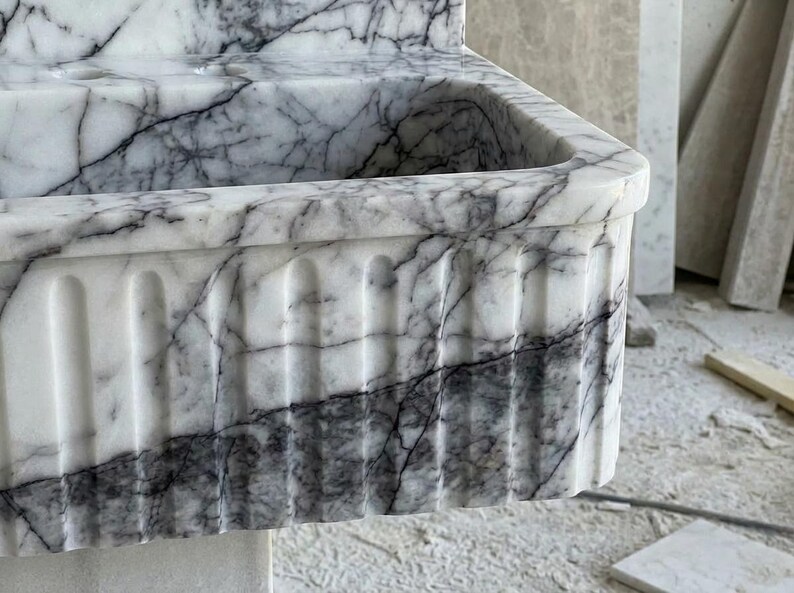 Handcarved Lilac marble fluted vessel sink by Marblyart, custom made to order — photo 3 of 11