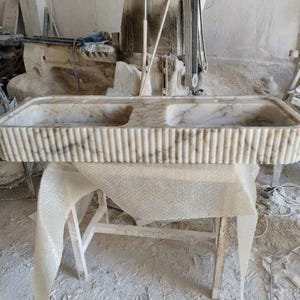 Handcarved Calacatta Gold marble double basin sink by Marblyart, custom made to order — photo 5 of 13