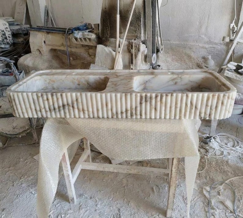 Handcarved Calacatta Gold marble double basin sink by Marblyart, custom made to order — photo 5 of 13