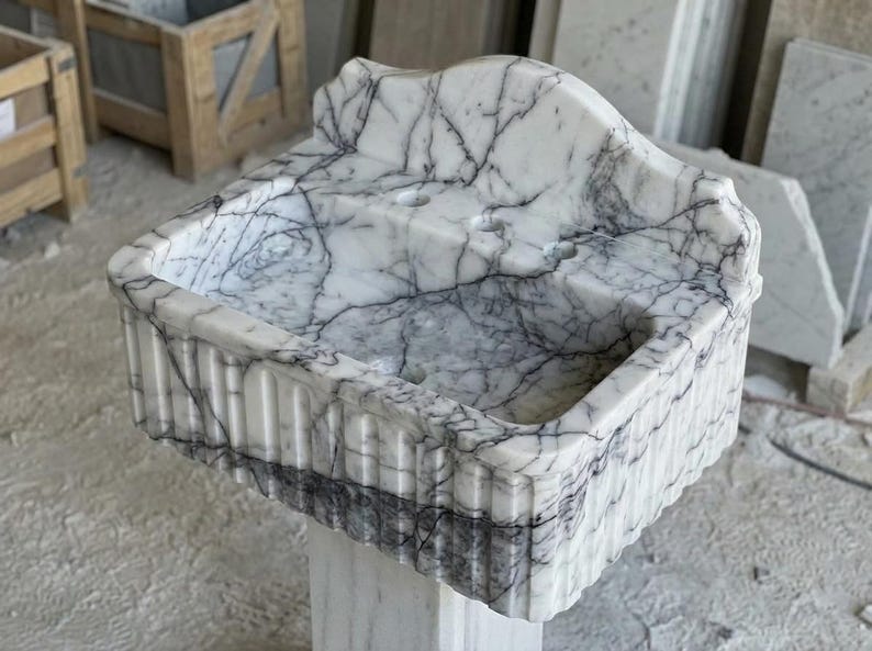 Handcarved Lilac marble fluted vessel sink by Marblyart, custom made to order — photo 5 of 11