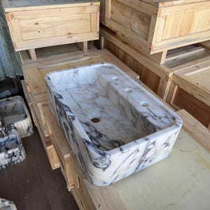 Handcarved Calacatta Viola marble vessel sink by Marblyart, custom made to order — photo 5 of 7
