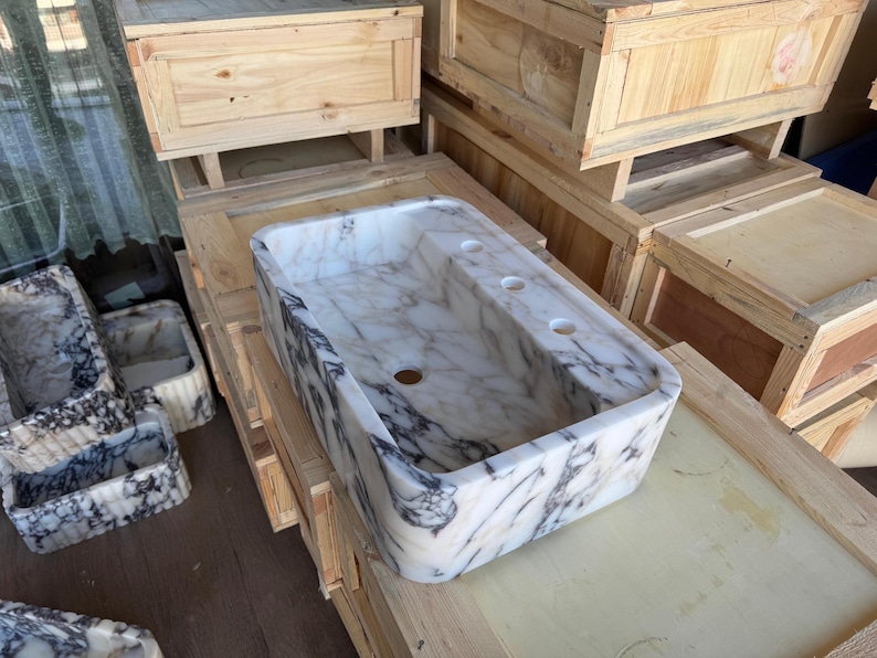 Handcarved Calacatta Viola marble vessel sink by Marblyart, custom made to order — photo 5 of 7
