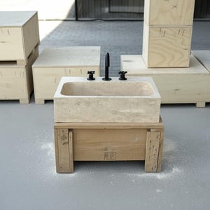 Handcarved beige travertine marble vessel sink by Marblyart, custom made to order — photo 8 of 11