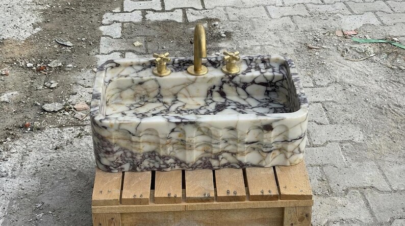 Handcarved Calacatta Viola marble wall mounted sink by Marblyart, custom made to order — photo 12 of 15