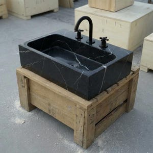 Handcarved Nero Marquina marble vessel sink by Marblyart, custom made to order — photo 6 of 17