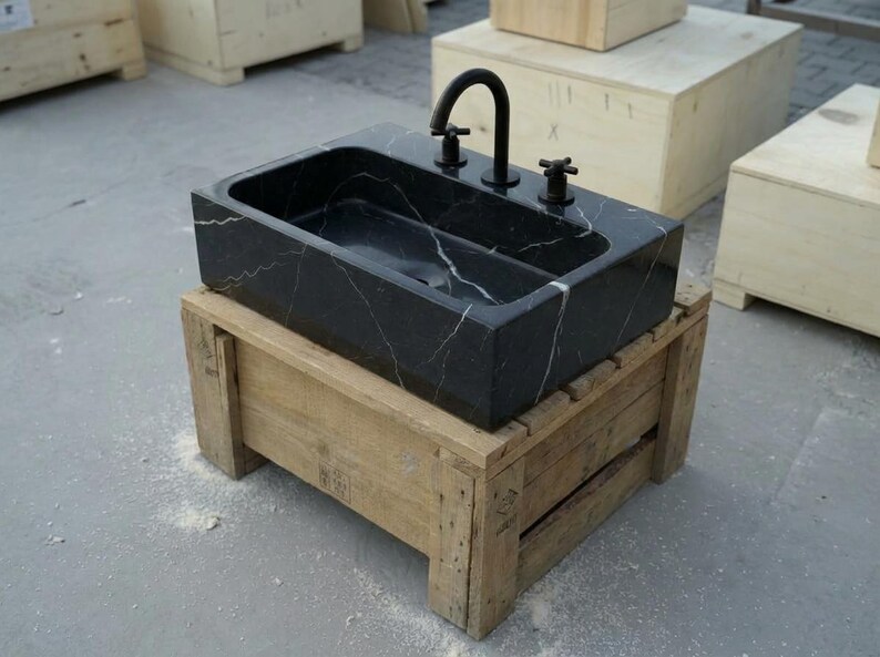 Handcarved Nero Marquina marble vessel sink by Marblyart, custom made to order — photo 6 of 17