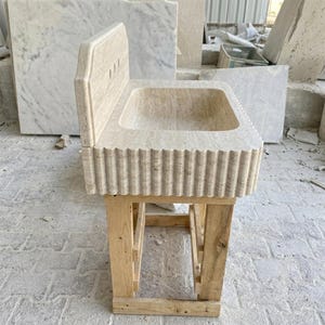 Beige Travertine square vessel sink — right side view (photo 5)