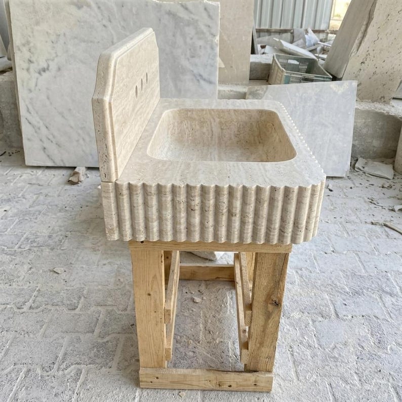 Beige Travertine square vessel sink — right side view (photo 5)
