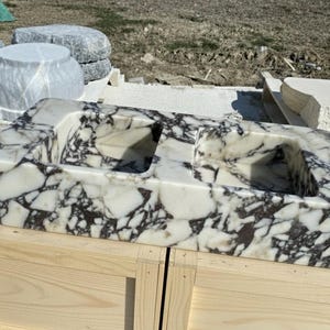 Handcarved Calacatta Viola marble double basin sink by Marblyart, custom made to order — photo 12 of 12