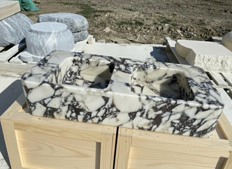 Handcarved Calacatta Viola marble double basin sink by Marblyart, custom made to order — photo 12 of 12