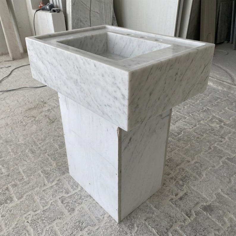 Carrara White Marble wall mount sink — low-angle view (photo 14)