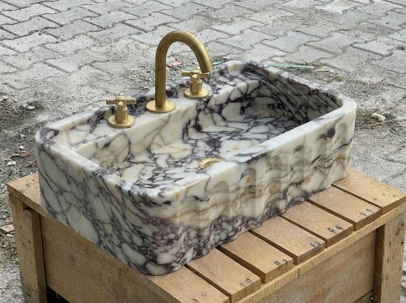 Handcarved Calacatta Viola marble wall mounted sink by Marblyart, custom made to order — photo 13 of 15