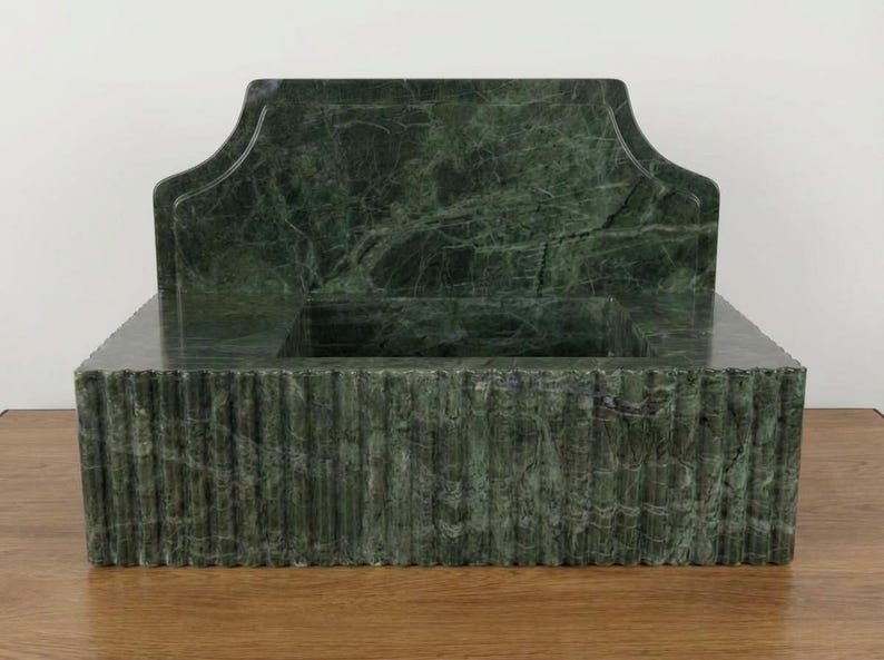 Handcarved Verde green marble wall mounted sink by Marblyart, custom made to order — photo 9 of 14