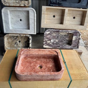 Handcarved red travertine marble vessel sink by Marblyart, custom made to order — photo 14 of 15