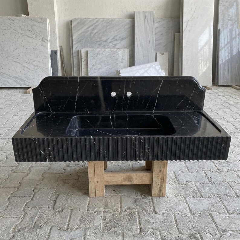 Nero Marquina Marble fluted vessel sink — front view (photo 2)