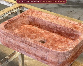 Red Travertine Vessel Sink, Luxury Bathroom Vanity Decor, Bespoke Sizes, Hand Carved