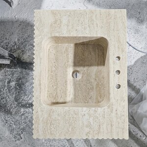 Beige Travertine square vessel sink — top-down view (photo 6)
