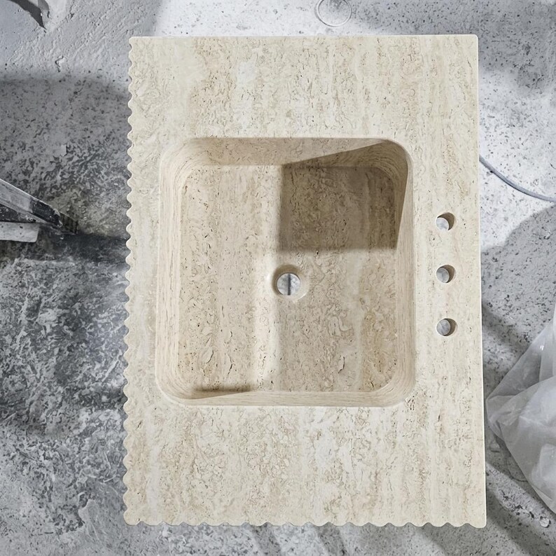 Beige Travertine square vessel sink — top-down view (photo 6)