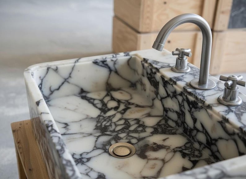 a marble sink with a silver faucet, set against a wooden background.