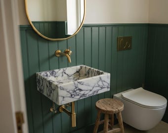 Handmade Fluted Wall-Mounted Marble Sink – Custom Size Handcarved Calacatta Viola Marble Sink – Custom Vanity Basin