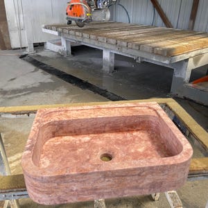 Handcarved red travertine marble vessel sink by Marblyart, custom made to order — photo 8 of 15