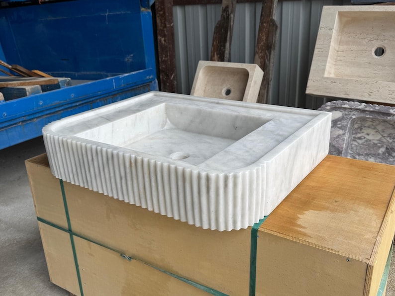 Handcarved Carrara marble vessel sink by Marblyart, custom made to order — photo 10 of 12