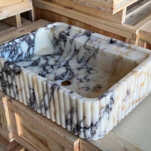 Handcarved Calacatta Viola marble vessel sink by Marblyart, custom made to order — photo 9 of 11