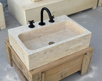 Custom Size Handcarved Travertine Sink, For Bathroom Vanities or as a Vessel Sink.