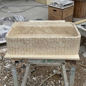 Beige Travertine Square Vessel Sink, Artisan Made, Countertop Bathroom Basin