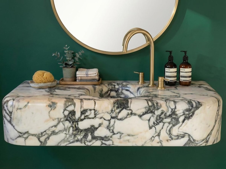 Handcarved natural marble marble floating vanity sink by Marblyart, custom made to order — photo 4 of 15