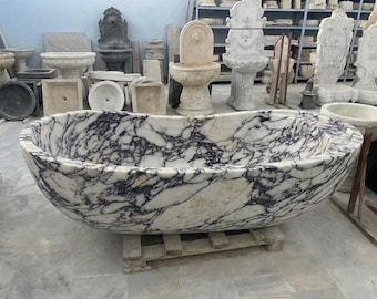 Bañera de mármol Calacatta Viola, bañera independiente de piedra maciza de 190 cm, bañera ovalada con vetas moradas, pieza central de lujo para el baño.