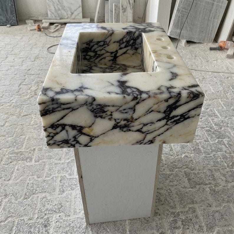 Calacatta Viola Marble square vessel sink — right side view (photo 3)