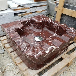 Handcarved Rosso Levanto marble floating vanity sink by Marblyart, custom made to order — photo 5 of 15