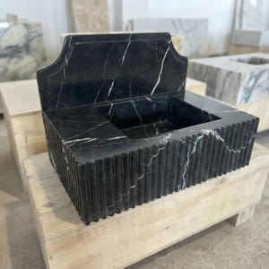 Handcarved Nero Marquina marble wall mounted sink by Marblyart, custom made to order — photo 2 of 14