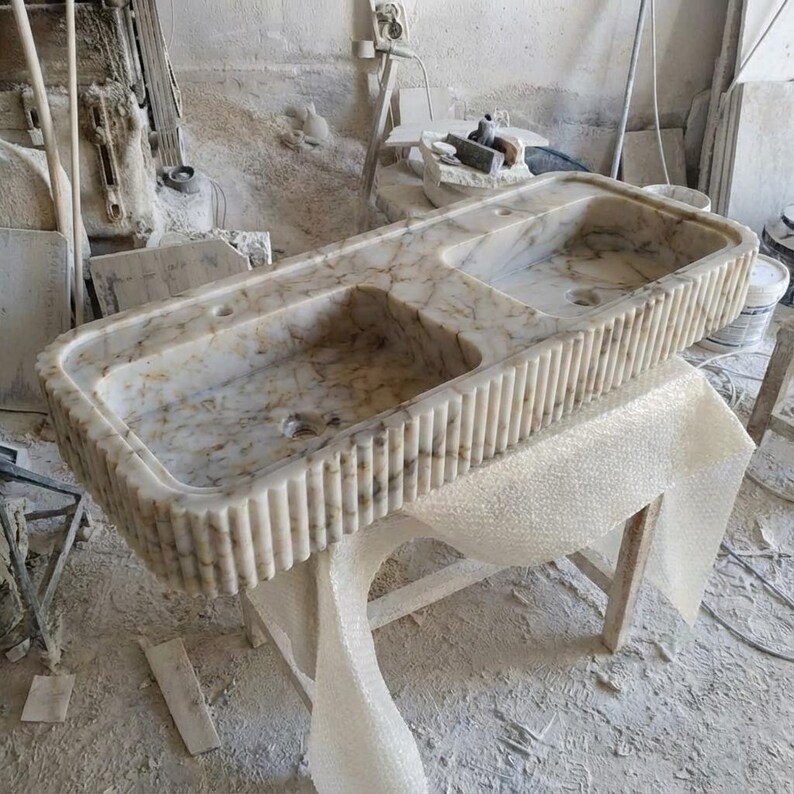 Handcarved Calacatta Gold marble double basin sink by Marblyart, custom made to order — photo 10 of 13