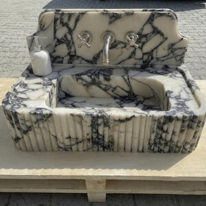 Handcarved Calacatta Viola marble vessel sink by Marblyart, custom made to order — photo 11 of 14