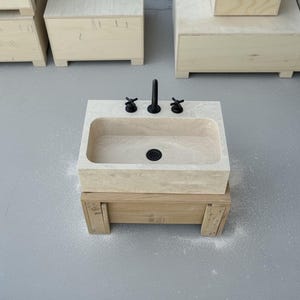 Handcarved beige travertine marble vessel sink by Marblyart, custom made to order — photo 9 of 11