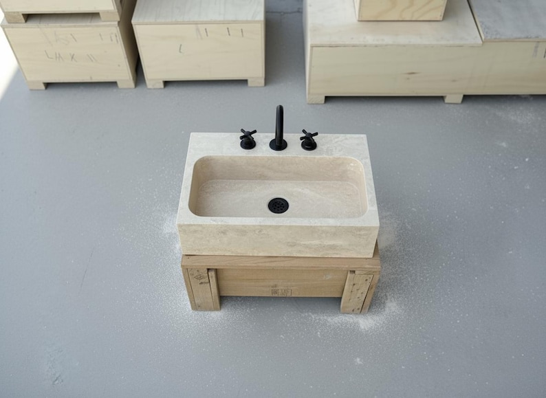 Handcarved beige travertine marble vessel sink by Marblyart, custom made to order — photo 9 of 11