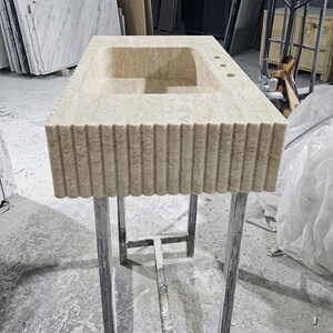 Beige Travertine square vessel sink — left side view (photo 4)