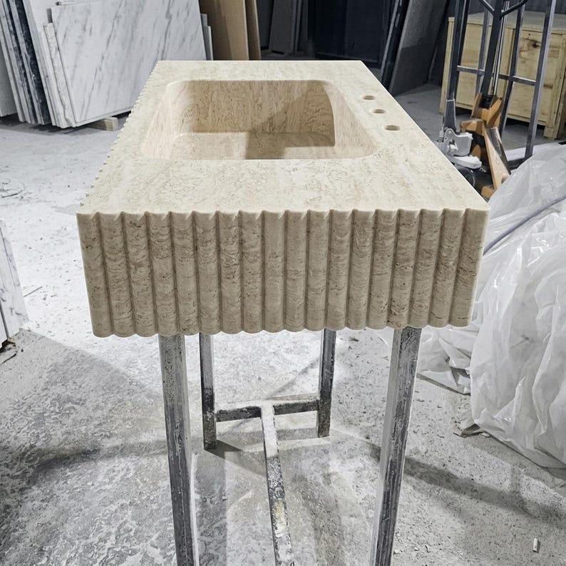 Beige Travertine square vessel sink — left side view (photo 4)