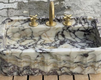 Fregadero de mármol Calacatta Viola a medida, fregadero de granja con frontal estriado, fregadero de cocina, fregadero de pared o de tocador.
