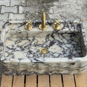 Handcarved Calacatta Viola marble wall mounted sink by Marblyart, custom made to order — photo 14 of 15