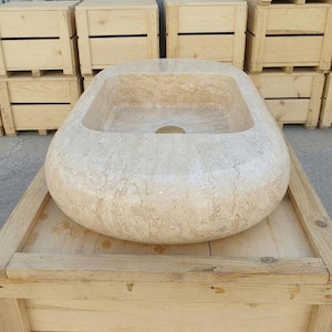 Beige Travertine fluted vessel sink — front view (photo 14)