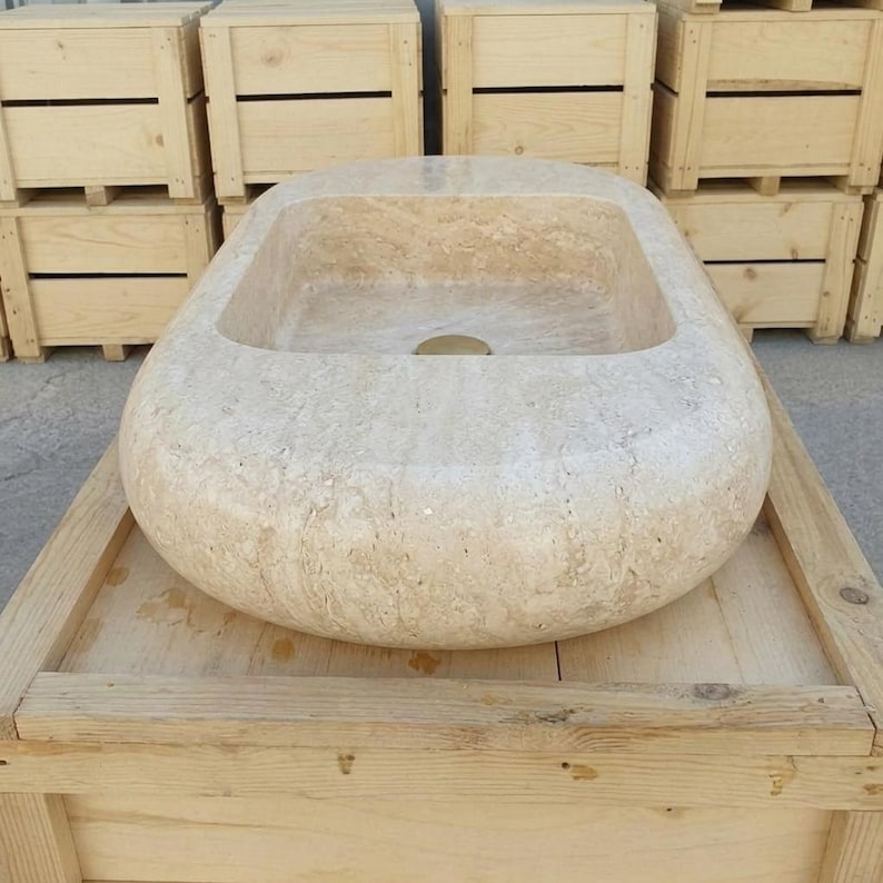 Beige Travertine fluted vessel sink — front view (photo 14)