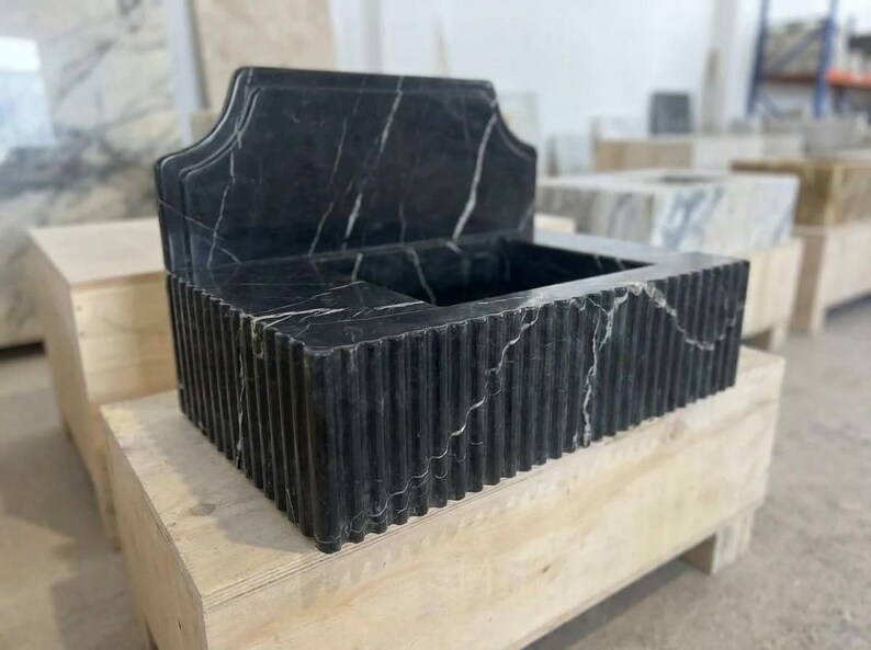Handcarved Nero Marquina marble wall mounted sink by Marblyart, custom made to order — photo 10 of 14
