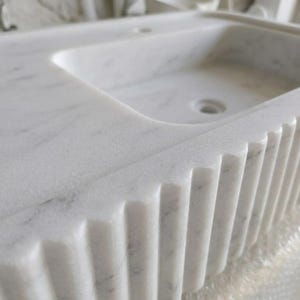 Carrara White Marble fluted vessel sink — close-up of marble veining (photo 7)